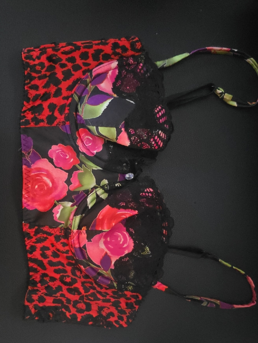 Victoria's Secret Black Bra with Red Floral & Leopard Accents